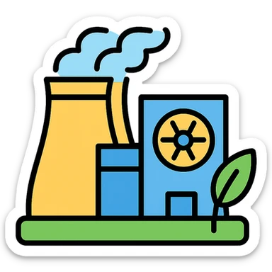 isometric icon of a modern nuclear power plant facility, green energy, simple shapes, minimalistic sticker