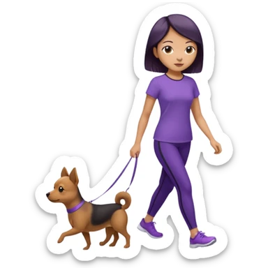 Chinese woman wearing purple top and black leggings walking 1 small brown dog sticker