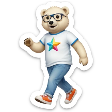 friendly anthropomorphised polar bear walking, excited expression, wearing shirt, jeans, trainers, oversized colorful star glasses sticker