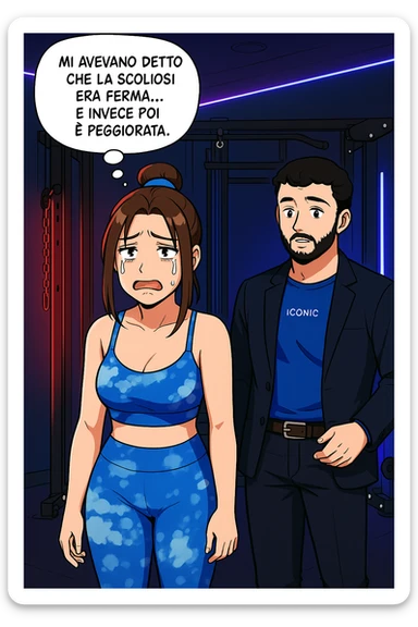 fai questa immagine in versione fumetto/manga/webtoon a colori, il manga mostra la donna disperata con un fumetto sulla testa che dice:
Mi avevano detto che la scoliosi era ferma… e invece poi è peggiorata.
 sticker