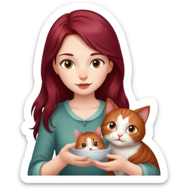 Beautiful, long, burgundy haired girl, feeding cat sticker