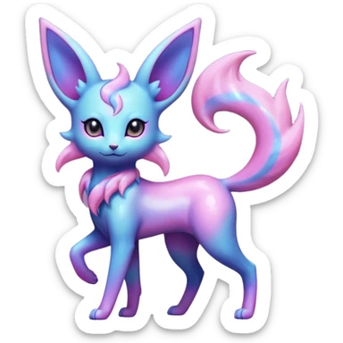 Shiny Iridescent Nebulae Espeon-Umbreon-Sylveon-Fakémon-hybrid-creature (full body)  with a galaxy-dust-flowing-gradient-tail sticker