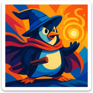 heroic penguin wizard with flowing cape, holding glowing orb, dynamic fantasy style, vibrant colors sticker