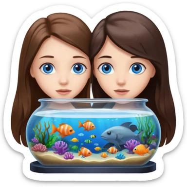 two brunette girls long hair blue eyes looking into an aquarium sea life viewing sticker