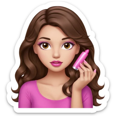 girl with long wavy brown hair, brown eyes, light to medium complexion, in a pink sexy top, pink lips, long lashes, puckered lips, showing my manicure sticker