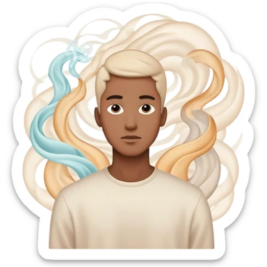Minimalist male profile surrounded by ethereal energy waves with clothing items and accessories floating around it, style inspiration concept sticker