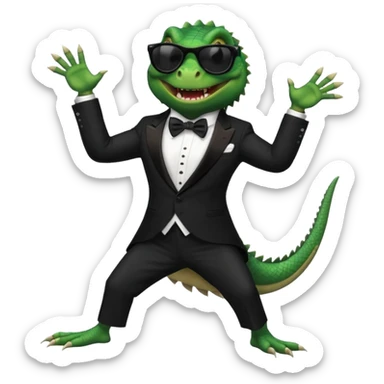 capitalist iguana banker in tuxedo and black sunglasses dancing crazy sticker
