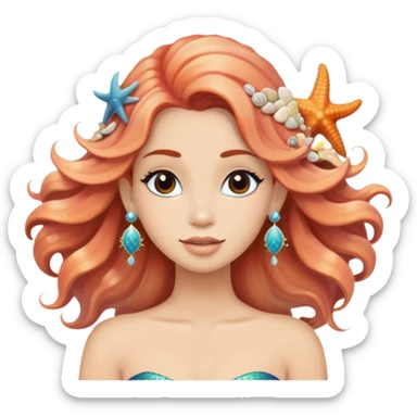 mermaid with seashells in hair, starfish earrings, ocean hair sticker