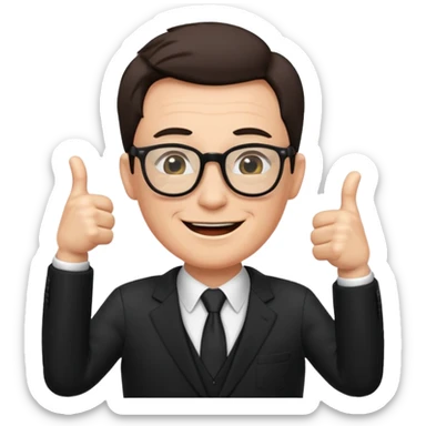 un PROFESOR con terno negro que este parado con sus lentes guiñando el ojo y CON LAS MANOS HACIA ARRIBA DANDO LIKE sticker