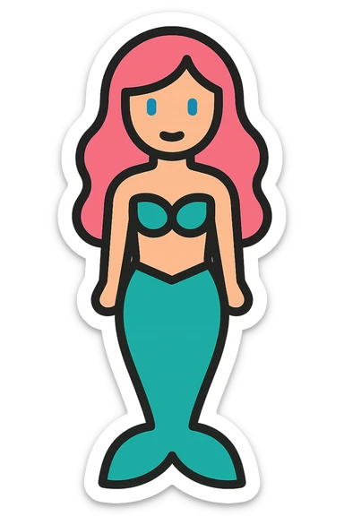 full length mermaid with pink hair, blue eyes, turquoise green tail, minimal detail, lineal color icon style sticker