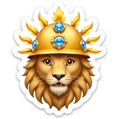 Lion with helmet shaped like the sun with a blue diamond shaped gem in the middle with fire powers that can fly sticker