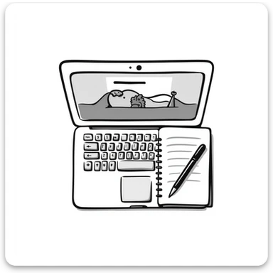 top view of a MacBook and a notebook with a pen nearby, different arrangement sticker