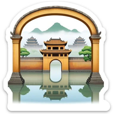 Cinematic Realistic Imperial City of Hue Landmark Emoji, capturing the ancient citadel’s weathered walls, intricate gates, and traditional Vietnamese architecture, surrounded by a misty, tranquil moat. sticker