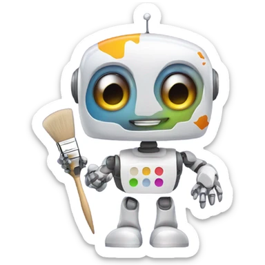cute robot holds a palette with paints and a brush sticker