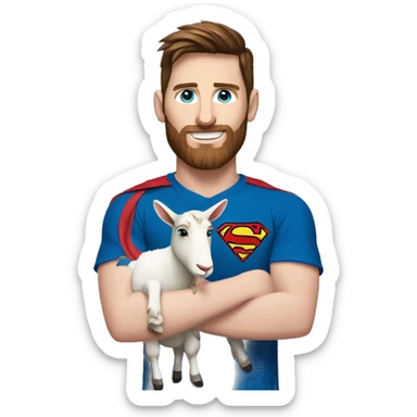 Messi holding a goat, redish hair redish beard, blue eyes, wearing a superman outfit sticker