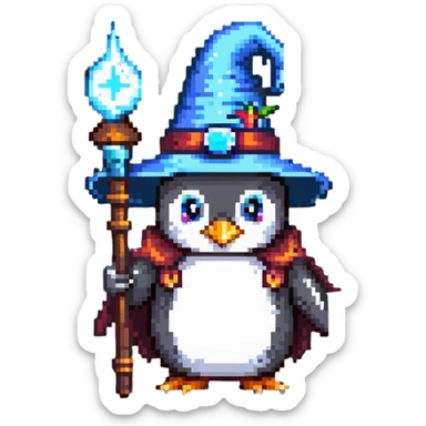 penguin wizard with a pointy hat and magic staff sticker