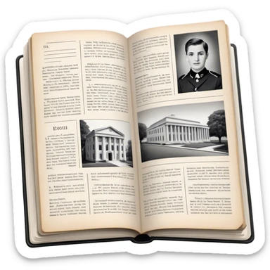 Icon for Non-Fiction & Narrative Reading: an open book with historical facts and narrative text on the pages, featuring black-and-white photos, news clippings, and an open folder with top-secret documents. Transparent background. sticker