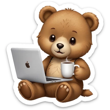A teddy bear holding a cup of coffee in one hand and using a laptop. sticker