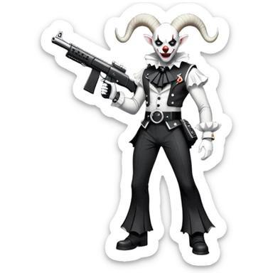 full-body muscular demonic clown in a black and white leisure suit with bellbottom pants, bald, with black ram horns, flashy black and white belt, ruffled white shirt, no neck tie, large fangs, holding a very large futuristic rifle sticker