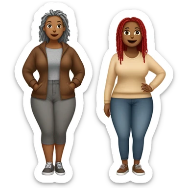 Curvy woman with gray locs wearing pants , other curvy woman is brown with red locs in a knee-length dress with a cozy sweater, shopping sticker