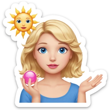 Girl Blonde short wavy hair,  blue eyes, cute blue top, long lashes, pink lips, holding the one sun   sticker