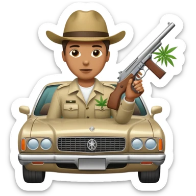 Person with Luxus car and very much marihuanna packs and with one Hand with gun sticker