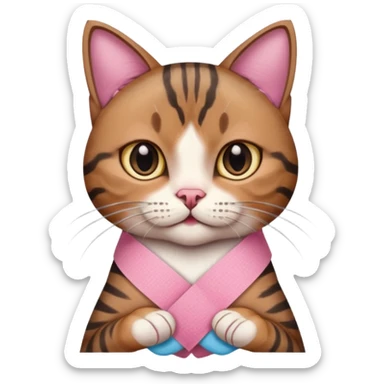 a  brown and black tabby cat, with a pink bandage on her front paw, sticker