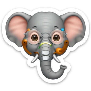 A cheerful elephant wearing round wire-rimmed glasses, with a small mole near the corner of its mouth sticker