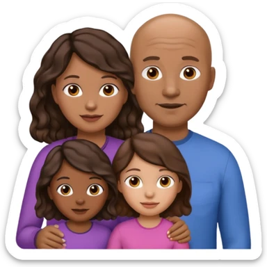 Simple family emoji where the dad is darker skinned and bald, the mom is lighter skinned with brown hair. Also two daughters with one having slightly darker skin and black wavy hair. The other daughter with lighter skin and wavy brown hair. sticker