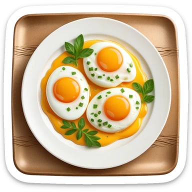 Cinematic sunny-side-up eggs, perfectly cooked with glossy yolks, crispy golden edges, sprinkled with fresh herbs, served on a rustic plate, bright and inviting, highly detailed and appetizing. sticker