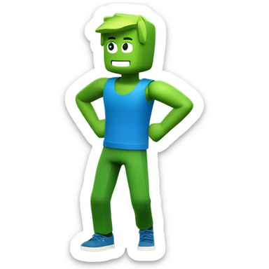 blocky roblox character with blue tanktop and green legs dancing full-body sticker