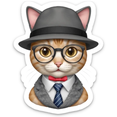 half body cat with ties and opticals and  hat sticker