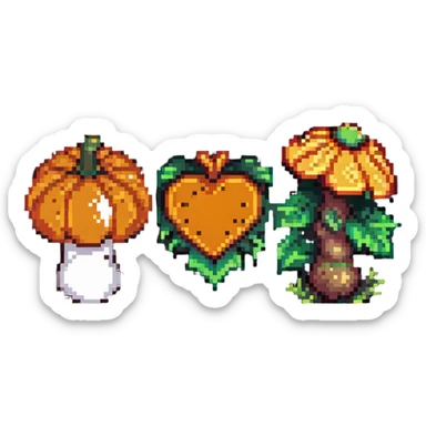 heart split in half with a mushroom motif on one side and a pumpkin motif on the other, pixel art style sticker