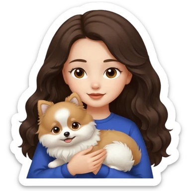 light-skinned-girl-wavy-dark-brown-long-without-volume-hair-brown-eyes-petting-light-white-pomeranian sticker