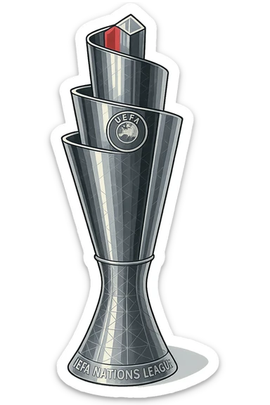 Фотореалистичный и изометричный кубок UEFA Nations League, объемный чуть слегка рисованный стиль, прозрачный фон sticker