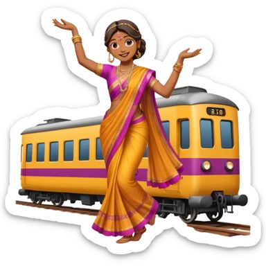 An Indian woman dancer dancing on top of a running train. sticker