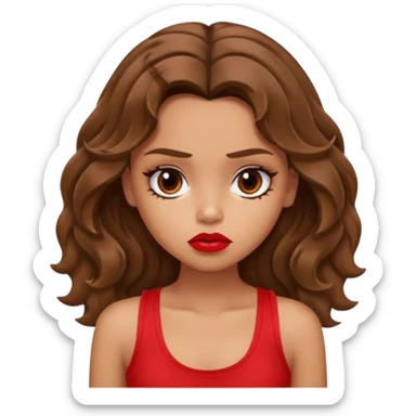 generate a pretty tan bratz girl with brown wavy hair long wearing a red tank top, red lipstick. Looking sad sticker