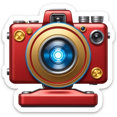 🎬🤖 Create a video project icon inspired by Iron Man: a sleek film camera with metallic red and gold accents, glowing with blue arc reactor energy. sticker