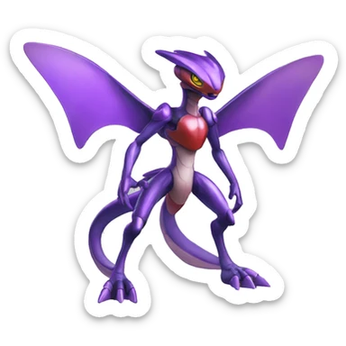 a shiny pirple Genesect-Flygon-Raptor-Fakémon—hybrid with a futuristic visor-helmet full body sticker