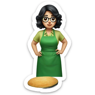 chubby lady with black hair and big eyes green apron  with glasses cooking  sticker