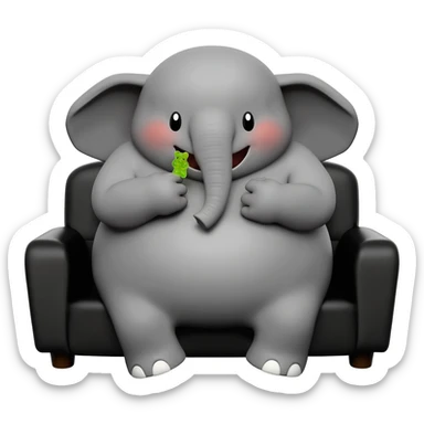 Chubby Adorable elephant sitting on a black leather sofa chair that is way too small for him, eating gummy bears, very happy,  watching TV, 4k, dpi 300. Must not be low resolution, must not be poor quailty, must be colorful, must not have emoji faces, no emoji icons, no human figures. sticker