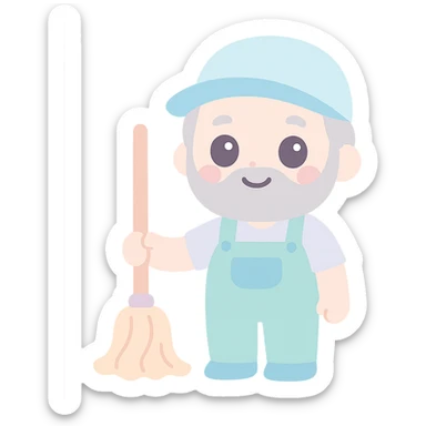 friendly janitor with gray beard and hair, holding a mop beside him, clear and friendly illustration style sticker