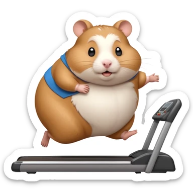 fat hamster big belly trying to run on treadmill sideways desperately trying to catch up with speed sticker