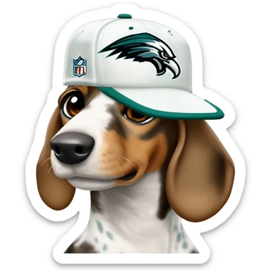 Miniature Tri Merle Light Brown Spotted Dachshund wearing Philadelphia Eagles Hat with C on Jersey sticker