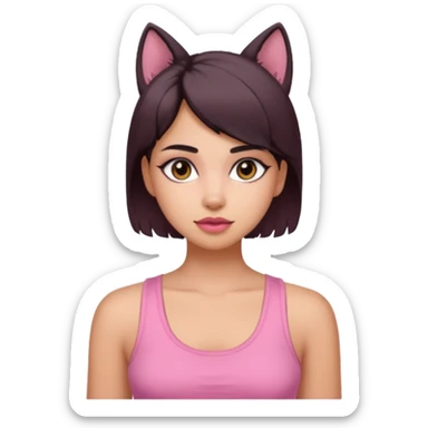 chica morena clara, corte de cabello wolf cut medio, con una blusa de tirantes simple, rosa y coquette sticker