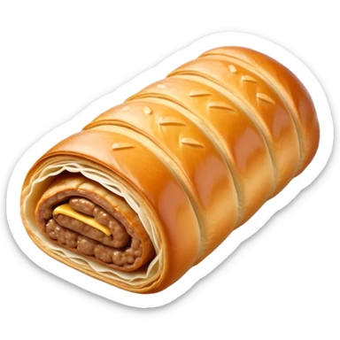 cinematic-realistic-sausage-roll-dish-emoji,-depicted-with-a-crisp,-golden-pastry-wrapped-around-flavorful-sausage,-rendered-with-detailed-textures-wrapped ina. plastic wrapper unrapped - and-appetizing-lighting sticker