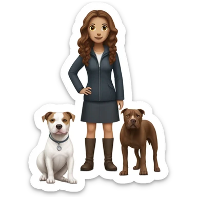 white woman with straight long brown hair standing alongside a white pitbull sticker