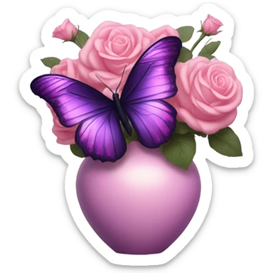 Aesthetic butterfly with purple and pink wings sitting on a dark purple bouquet of Roses in a pastel pink vase sticker