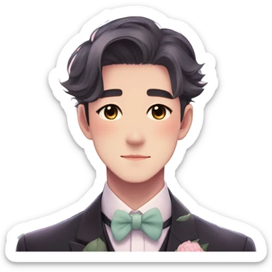 Gorgeous romantic anime style Asian formal modern gentlemanly guy with flowers and blushing face aesthetic trending style outside with colorful gradient colors  pastelcore cottagecore kawaiicore sticker