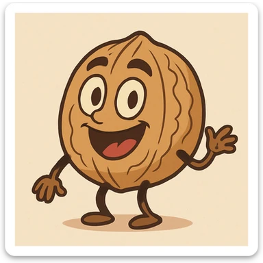 a walnut in a cartoon style with a smiling face, colorful, simple shapes sticker